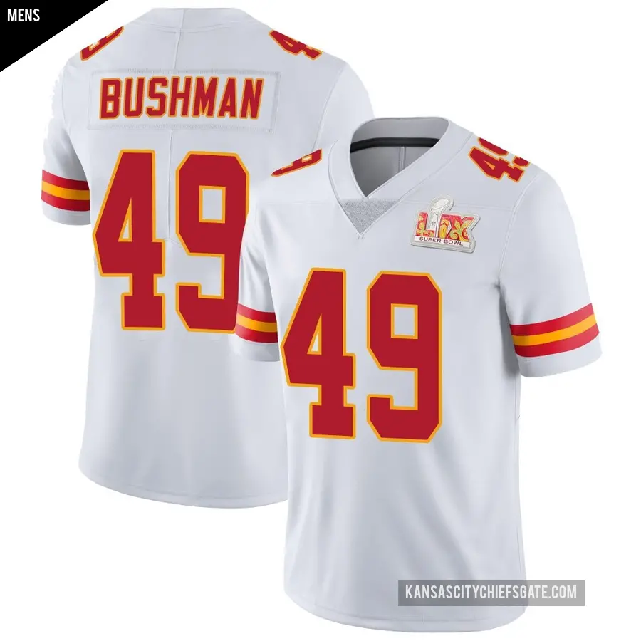 Men's Kansas City Chiefs ＃49 Matt Bushman White Limited Vapor Untouchable Super Bowl LIX Jersey