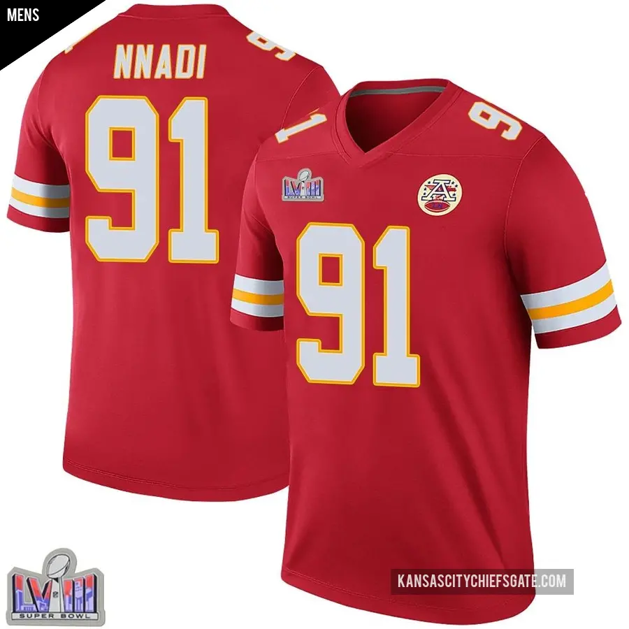 Men s Kansas City Chiefs 91 Derrick Nnadi Red Legend Color Rush Super Bowl LVIII Patch Jersey