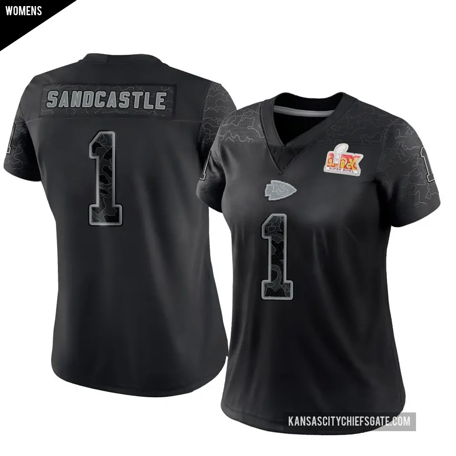 Women's Kansas City Chiefs ＃1 Leon Sandcastle Black Limited Reflective Super Bowl LIX Jersey