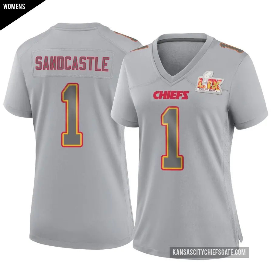 Women's Kansas City Chiefs ＃1 Leon Sandcastle Gray Game Atmosphere Fashion Super Bowl LIX Jersey