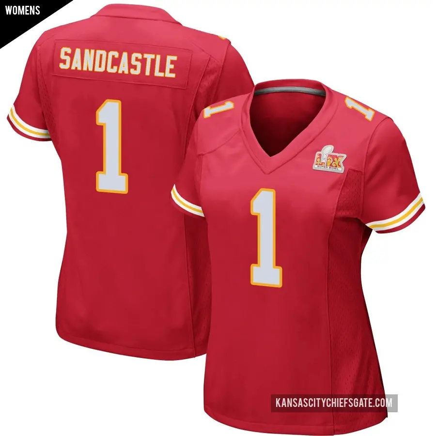 Women's Kansas City Chiefs ＃1 Leon Sandcastle Red Game Team Color Super Bowl LIX Jersey