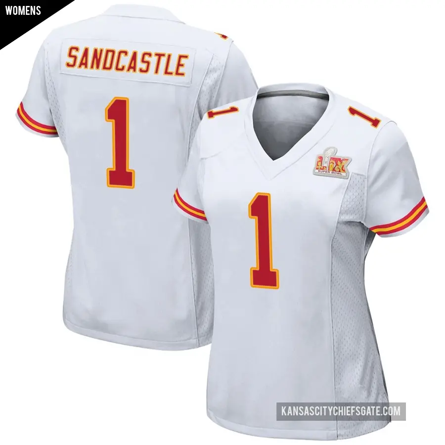 Women's Kansas City Chiefs ＃1 Leon Sandcastle White Game Super Bowl LIX Jersey