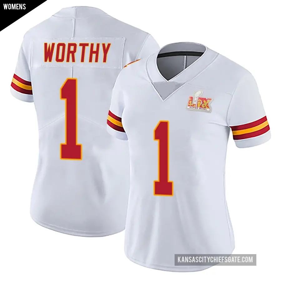 Women's Kansas City Chiefs ＃1 Xavier Worthy White Limited Vapor Untouchable Super Bowl LIX Jersey