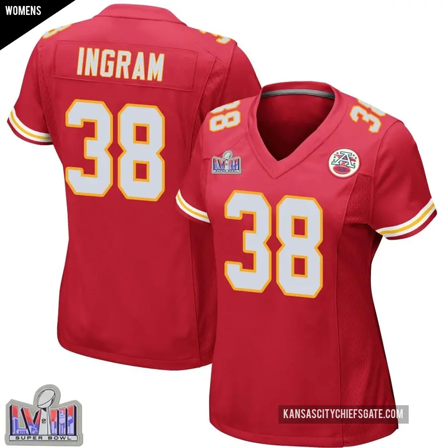 Women s Kansas City Chiefs 38 Keaontay Ingram Red Game Team Color Super Bowl LVIII Patch Jersey Chiefs Store