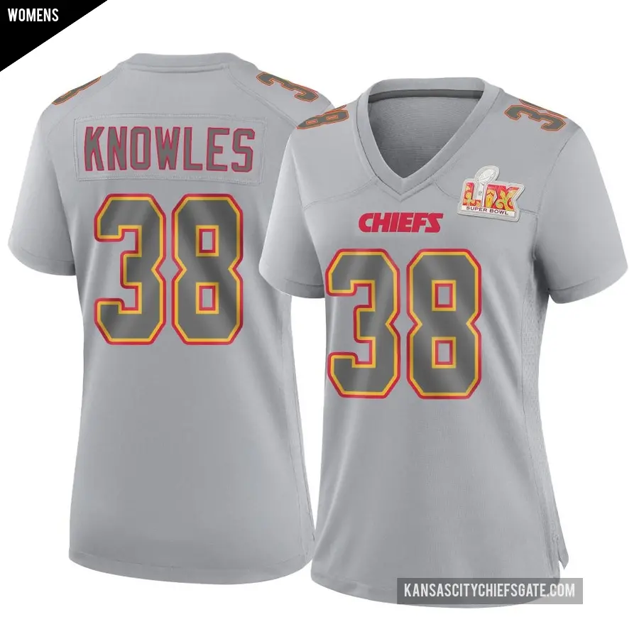 Women's Kansas City Chiefs ＃38 Kevin Knowles Gray Game Atmosphere Fashion Super Bowl LIX Jersey