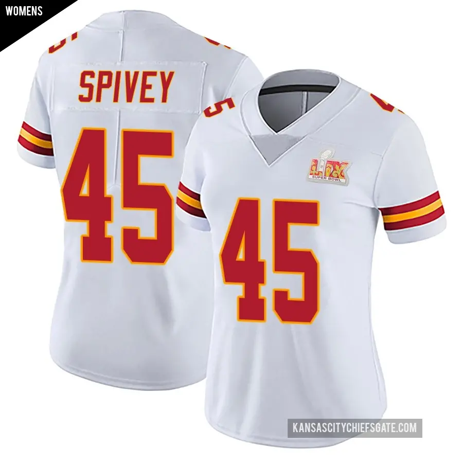 Women's Kansas City Chiefs ＃45 Geor'Quarius Spivey White Limited Vapor Untouchable Super Bowl LIX Jersey