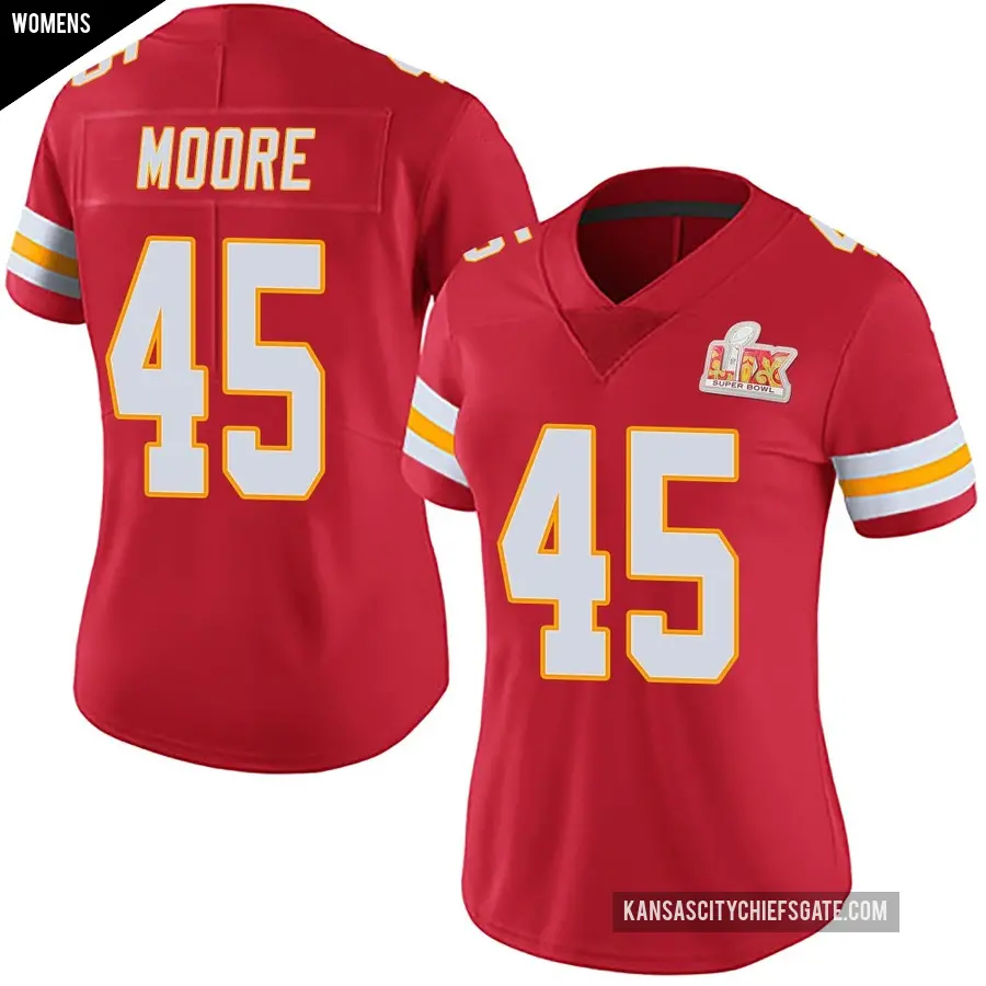 Women's Kansas City Chiefs ＃45 Isaiah Moore Red Limited Team Color Vapor Untouchable Super Bowl LIX Jersey