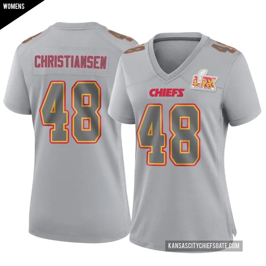 Women's Kansas City Chiefs ＃48 Cole Christiansen Gray Game Atmosphere Fashion Super Bowl LIX Jersey
