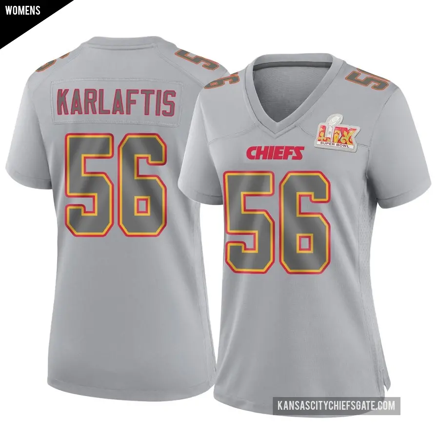 Women's Kansas City Chiefs ＃56 George Karlaftis Gray Game Atmosphere Fashion Super Bowl LIX Jersey