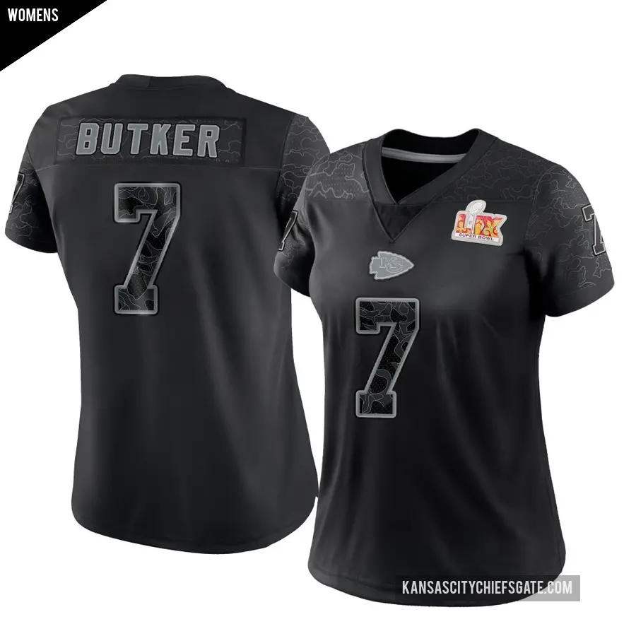 Women's Kansas City Chiefs ＃7 Harrison Butker Black Limited Reflective Super Bowl LIX Jersey