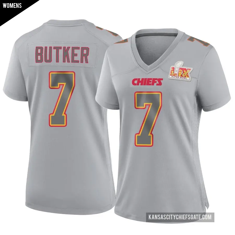 Women's Kansas City Chiefs ＃7 Harrison Butker Gray Game Atmosphere Fashion Super Bowl LIX Jersey
