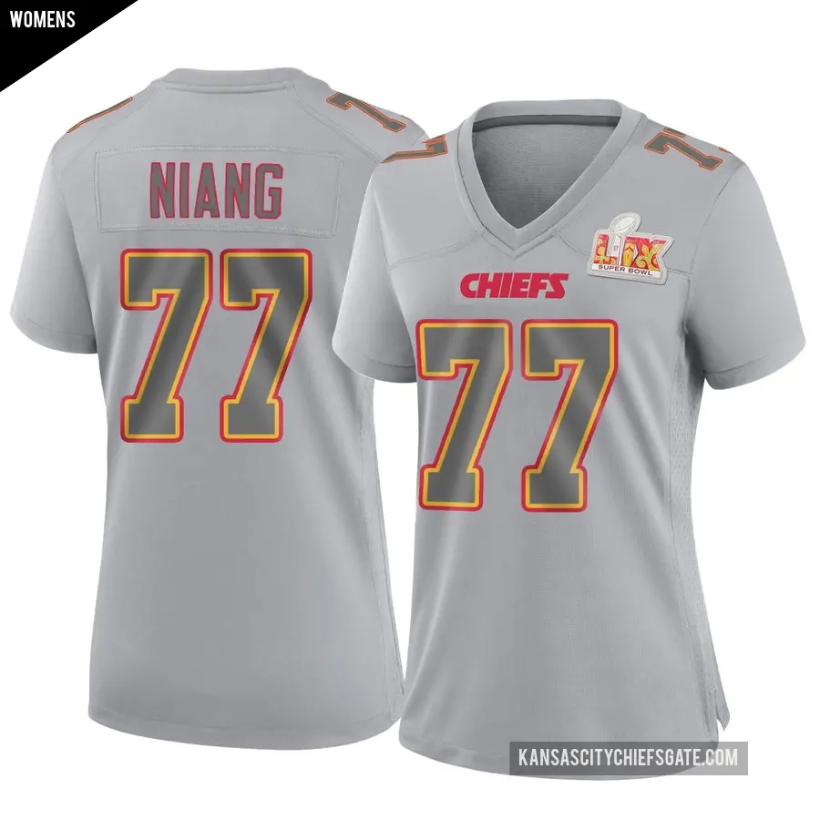 Women's Kansas City Chiefs ＃77 Lucas Niang Gray Game Atmosphere Fashion Super Bowl LIX Jersey