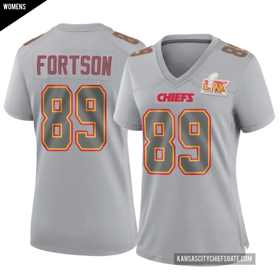 Women's Kansas City Chiefs ＃89 Jody Fortson Gray Game Atmosphere Fashion Super Bowl LIX Jersey
