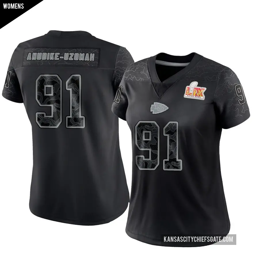 Women's Kansas City Chiefs ＃91 Felix Anudike-Uzomah Black Limited Reflective Super Bowl LIX Jersey