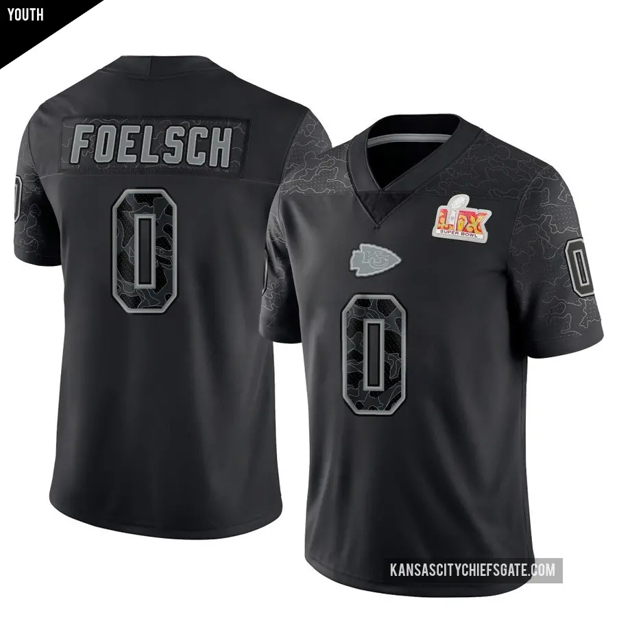Youth Kansas City Chiefs ＃0 Kevin Foelsch Black Limited Reflective Super Bowl LIX Jersey