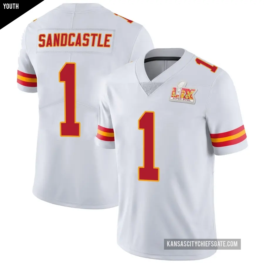 Youth Kansas City Chiefs ＃1 Leon Sandcastle White Limited Vapor Untouchable Super Bowl LIX Jersey