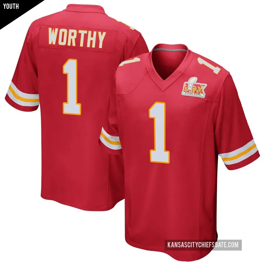 Youth Kansas City Chiefs ＃1 Xavier Worthy Red Game Team Color Super Bowl LIX Jersey