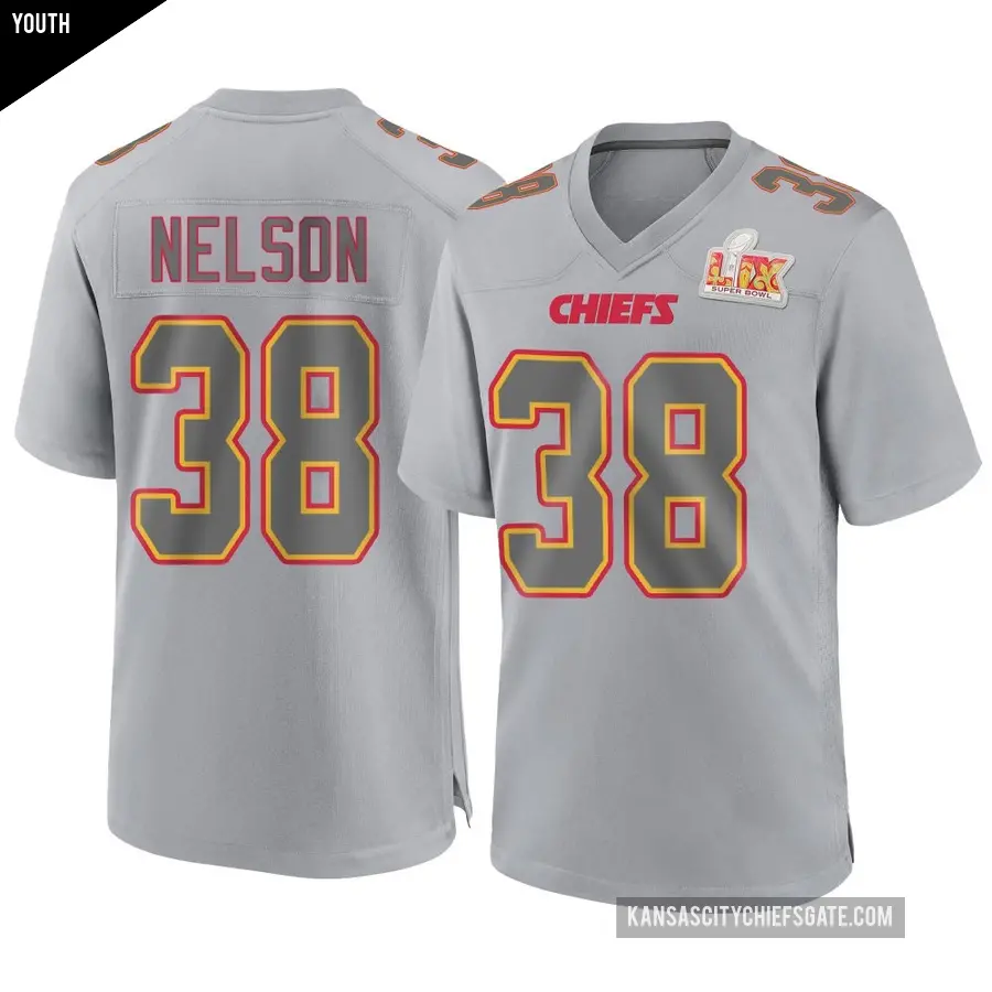 Youth Kansas City Chiefs ＃38 Steven Nelson Gray Game Atmosphere Fashion Super Bowl LIX Jersey