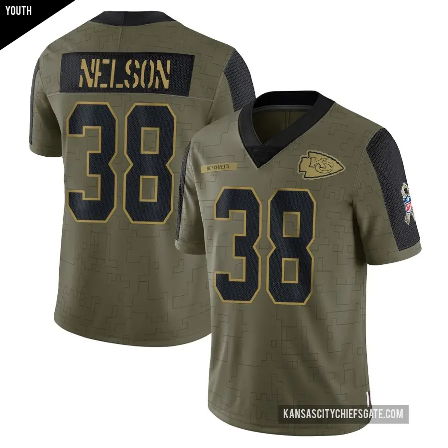 Youth Kansas City Chiefs ＃38 Steven Nelson Olive Limited 2021 Salute To Service Jersey