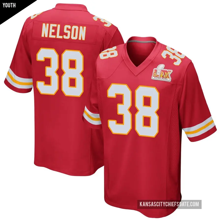 Youth Kansas City Chiefs ＃38 Steven Nelson Red Game Team Color Super Bowl LIX Jersey