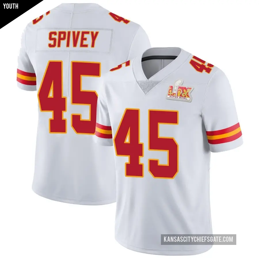 Youth Kansas City Chiefs ＃45 Geor'Quarius Spivey White Limited Vapor Untouchable Super Bowl LIX Jersey