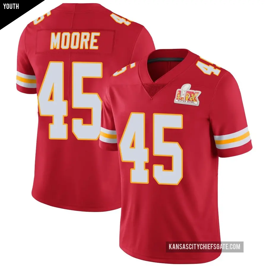Youth Kansas City Chiefs ＃45 Isaiah Moore Red Limited Team Color Vapor Untouchable Super Bowl LIX Jersey