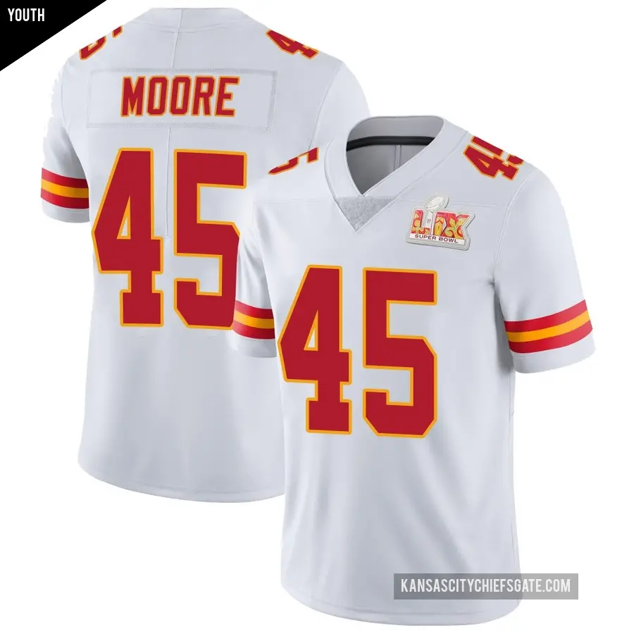Youth Kansas City Chiefs ＃45 Isaiah Moore White Limited Vapor Untouchable Super Bowl LIX Jersey