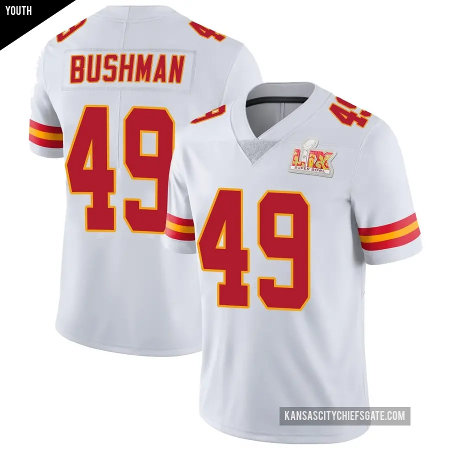 Youth Kansas City Chiefs ＃49 Matt Bushman White Limited Vapor Untouchable Super Bowl LIX Jersey