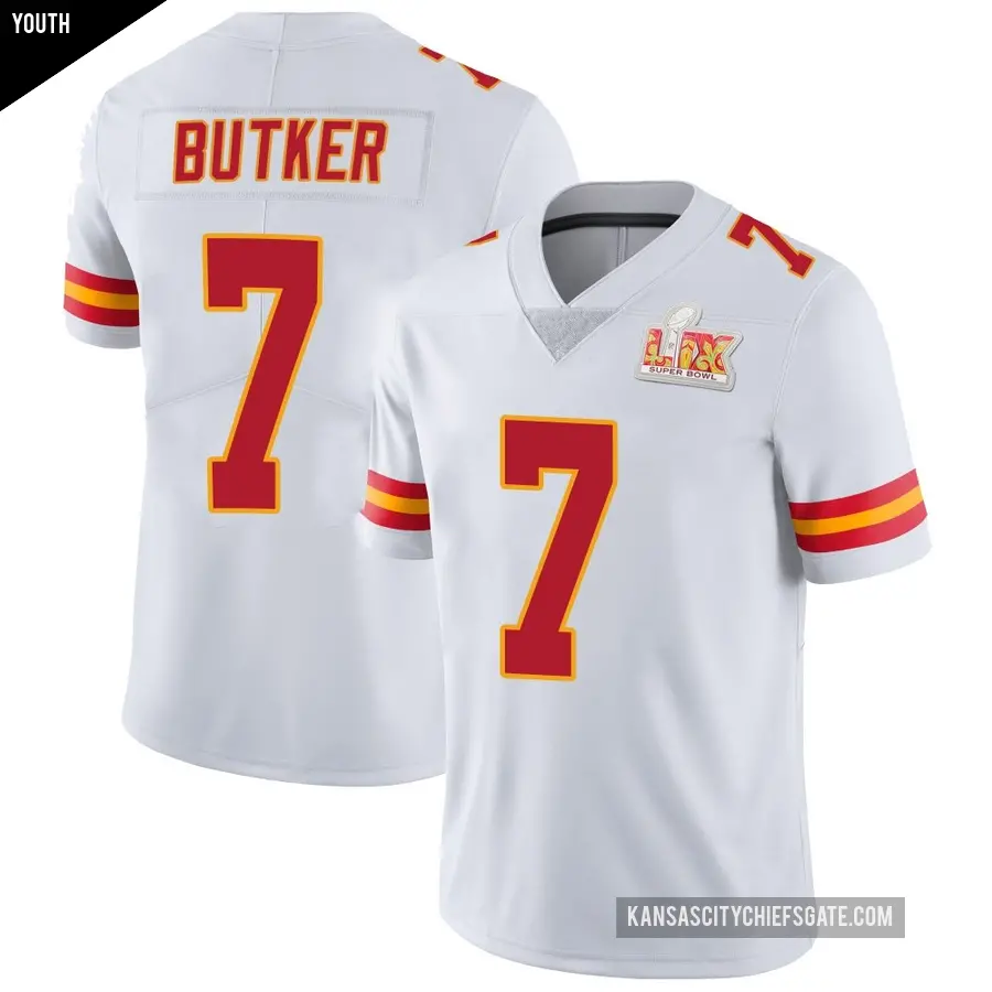 Youth Kansas City Chiefs ＃7 Harrison Butker White Limited Vapor Untouchable Super Bowl LIX Jersey