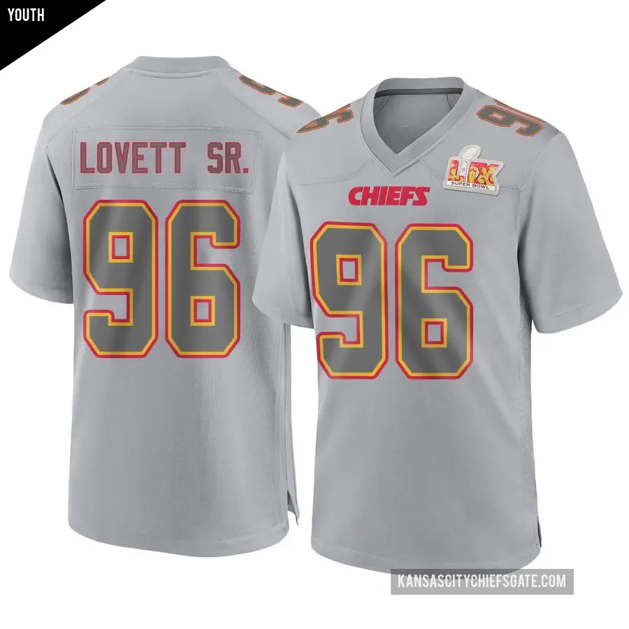 Youth Kansas City Chiefs ＃96 Fabien Lovett Sr. Gray Game Atmosphere Fashion Super Bowl LIX Jersey